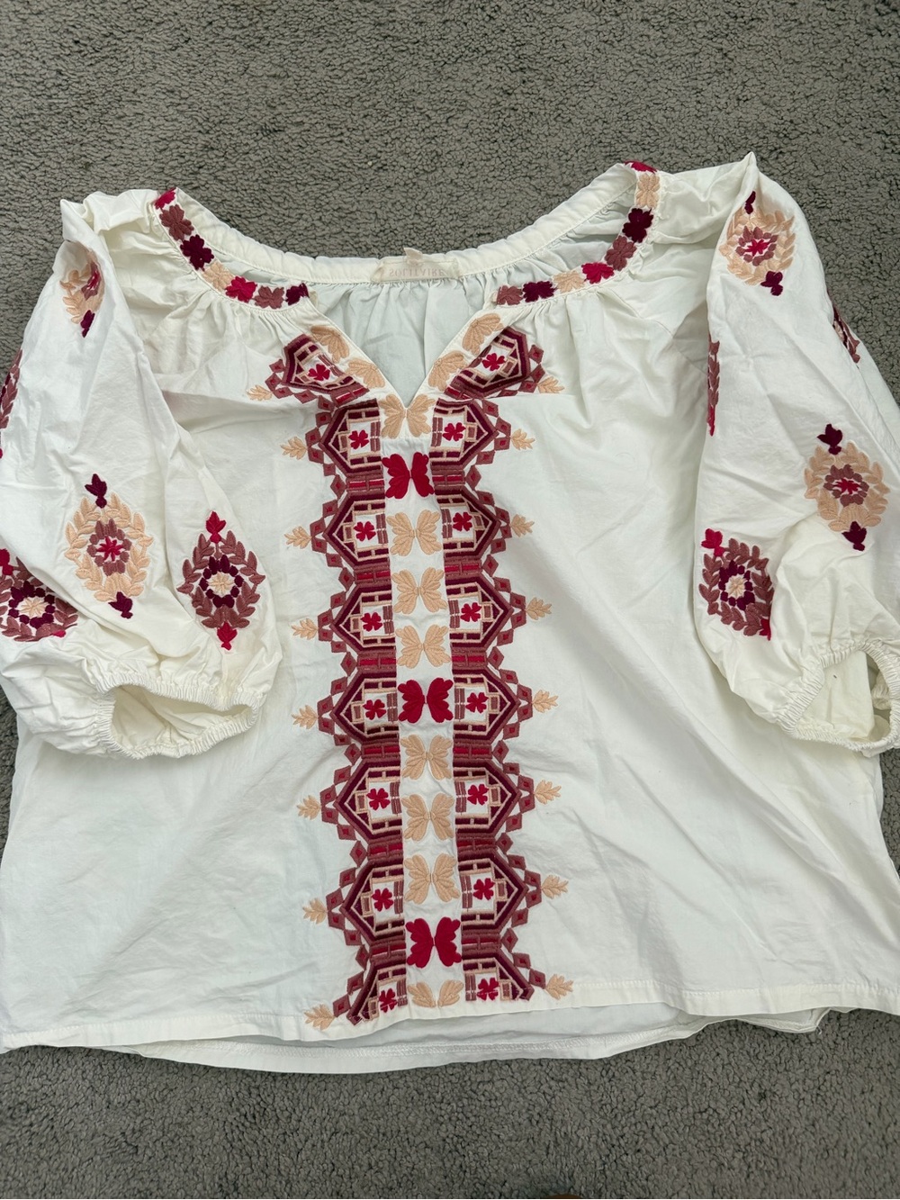 Solitaire White Peasant Blouse with Red & Beige Embroidery